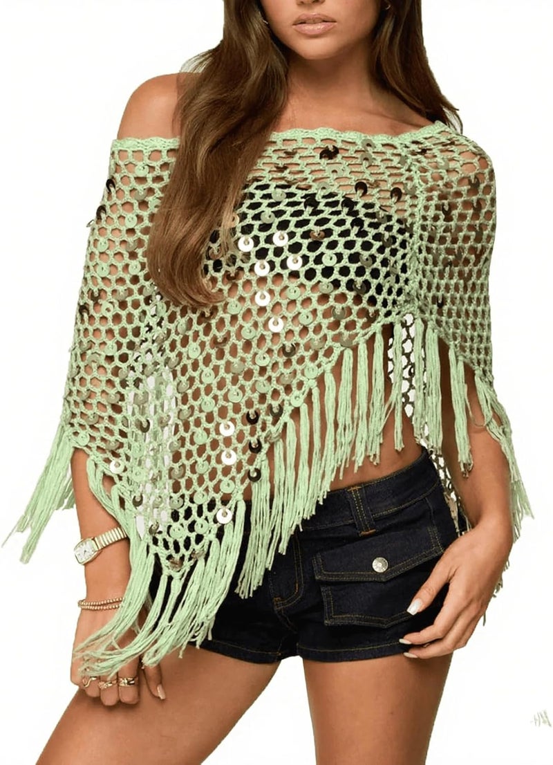 Argeousgor Women Sheer Poncho Top Lightweight Knit Crochet Shrug Bolero Mesh Batwing Sleeve Sweater Cover Up Beachwear - Image 1